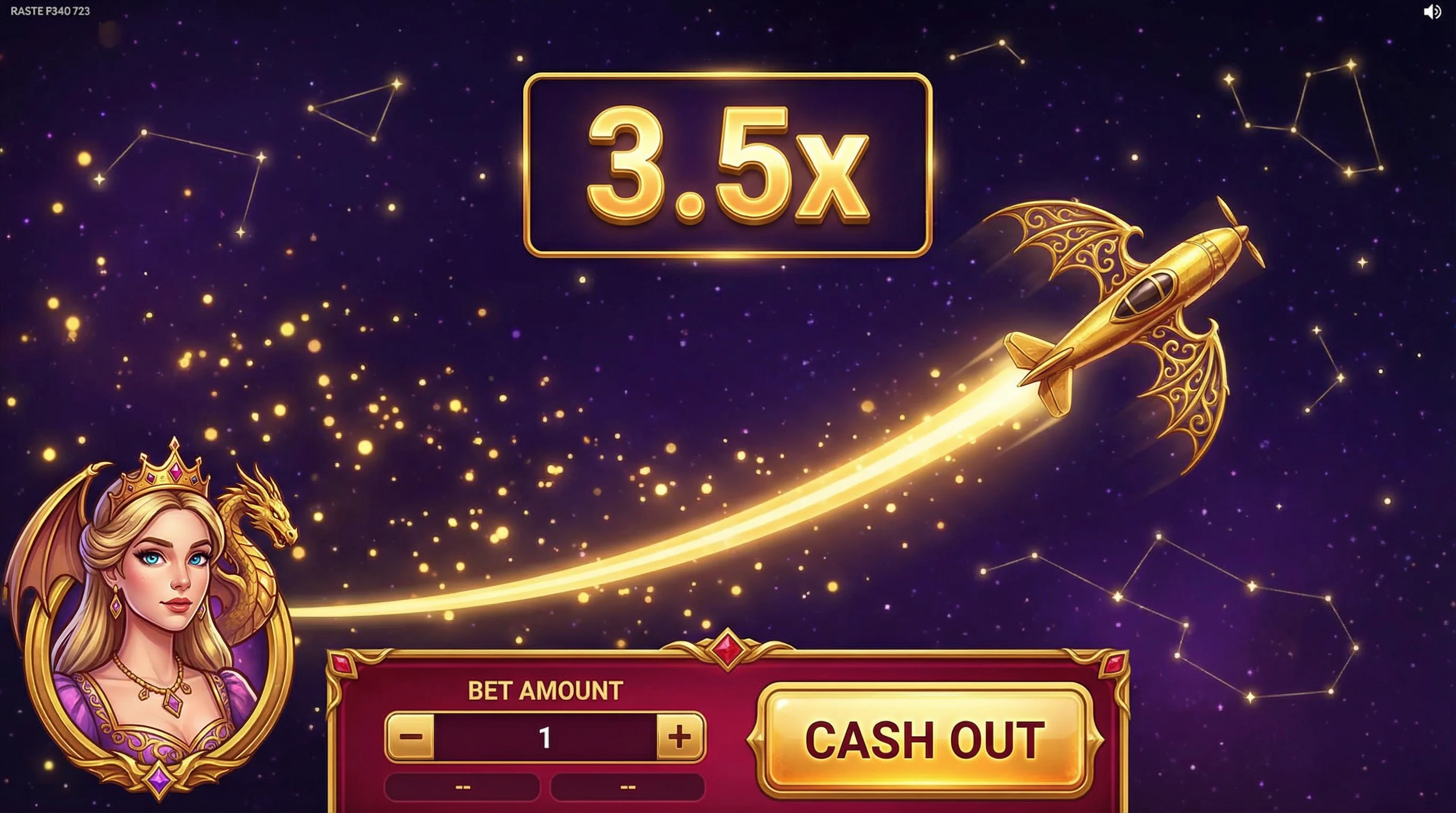 Juego Aviator con avión dorado y multiplicador creciente