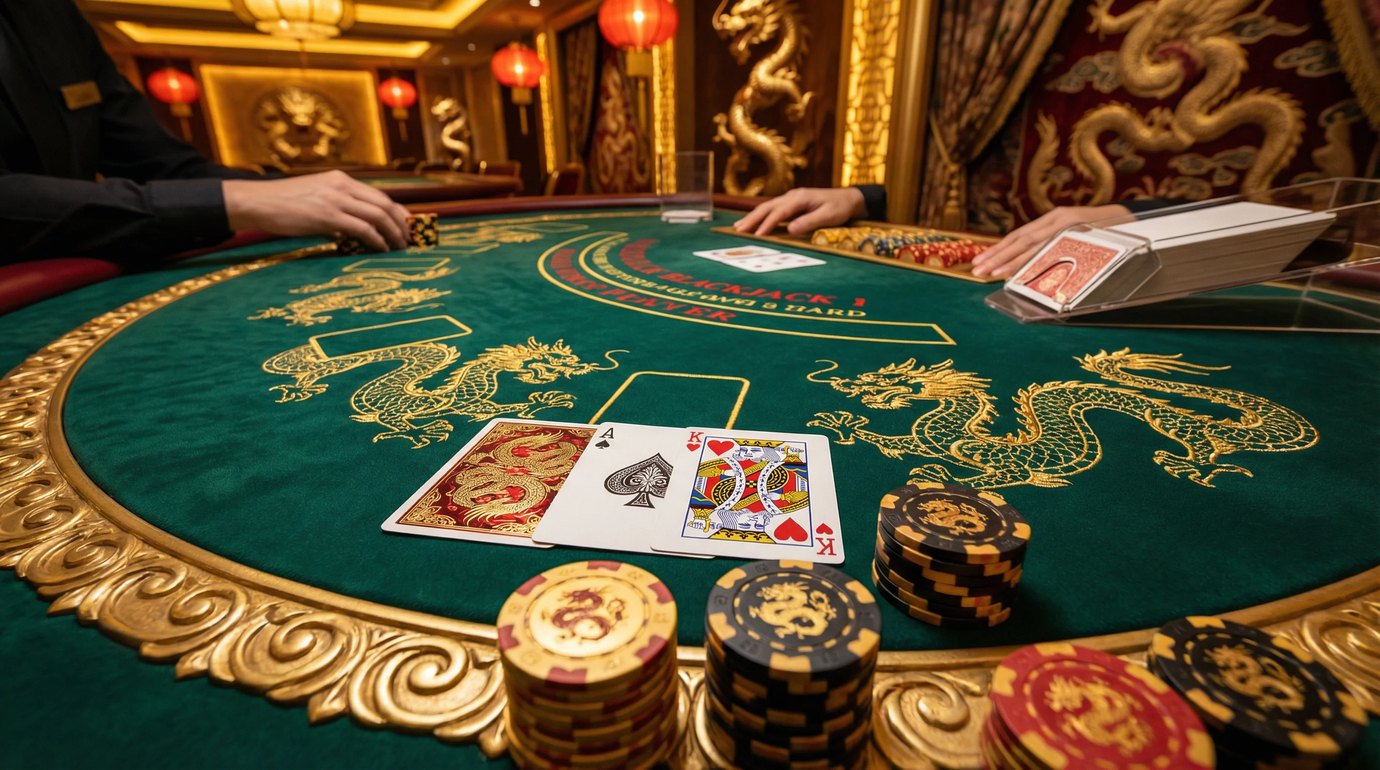 Mesa de blackjack elegante con cartas y fichas
